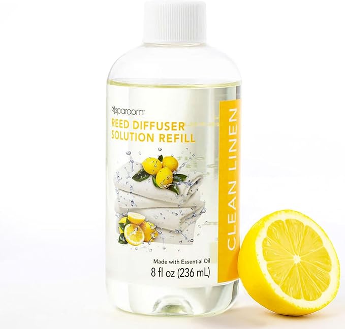 SpaRoom Reed Diffuser Oil Refill – Clean Linen Scent, 8oz Crisp and Refreshing Blend with Lemon Accents, Light and Airy Aroma for Bathroom, Bedroom, or Living Room, Long Lasting Fresh Scent