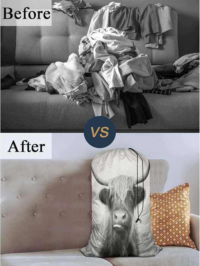 Swono Scottish Highland Cow Extra Large Travel Laundry Bag, Rip-Stop Dirty Clothes Shoulder Bag with Drawstring, Funny Animal Farm Mammal Wildlife Heavy Duty Travel Laundry Bag, 28x40 Inch