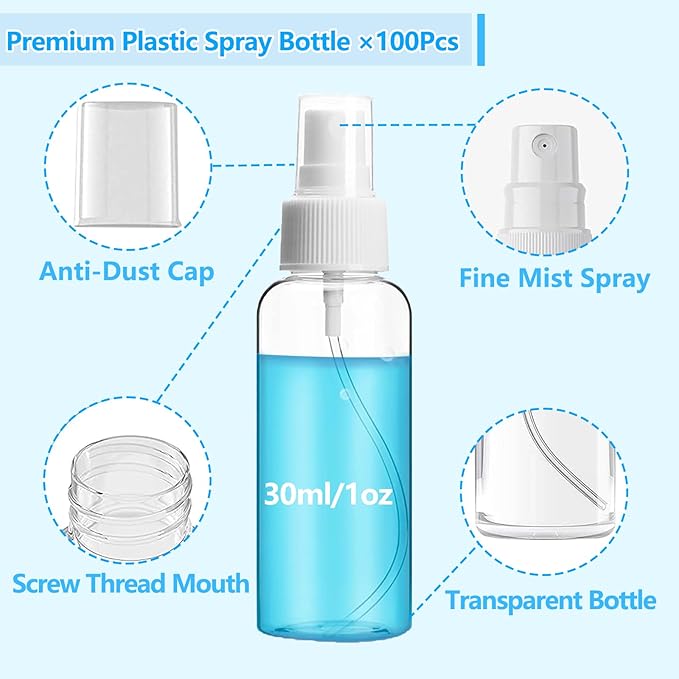 100PCS 1oz/30ml Small Mini Spray Bottles with 150pcs Labels, Clear Travel Spray Bottles Refillable Fine Mist Plastic Empty Bottle, Refillable Cosmetic Containers for Plants,Cleaning, Misting&Skin Care
