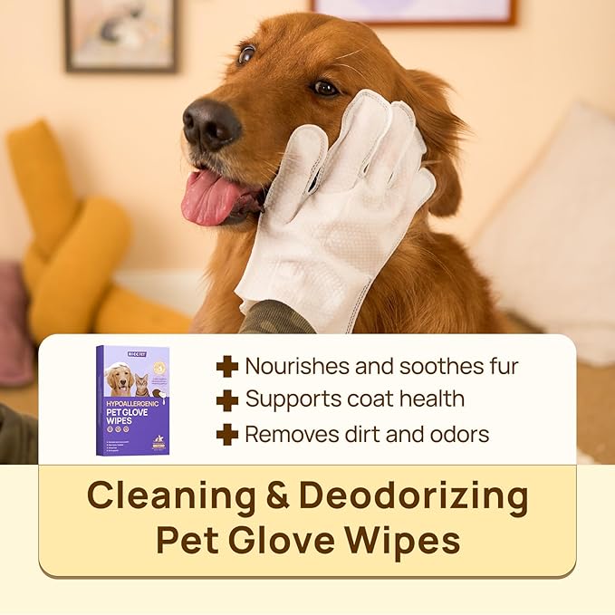 HICC PET Cleaning Deodorizing Glove Wipes for Dogs & Cats, Vet Recommended Hypoallergenic Hydrating & Nourish Fur Pet Grooming Glove Wipes, Pet Bathing Wipes for Horse Coat Care