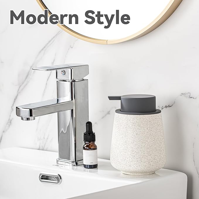 Ceramic Foaming Soap Dispenser - 12 Oz Beige Foam Hand Soap Dispenser for Bathroom, Hand Wash Dispenser Bottle with Grey Foam Pump, Minimalist Refillable Dish Dispenser for Kitchen