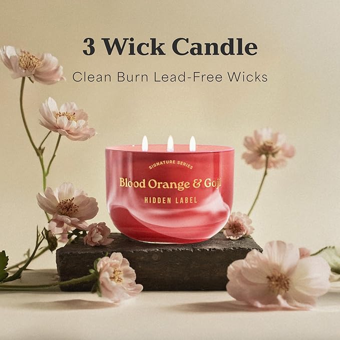 Hidden Label Blood Orange & Goji Scented Candles, 3 Wick Aromatherapy Candle for Home Scented – 18oz/70-Hour Burn Time, 100% Natural Soy Candle Non Toxic, Luxury Home Décor for Women and Men Gifts