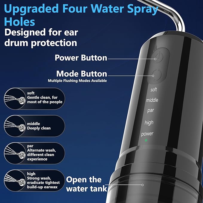 Ear Wax Removal, 2 in 1 Electric Ear Cleaning Kit with 4 Pressure Modes, Portable Water Powered Ear Cleaner with Basin and Nasal Nozzles, Ear Irrigation Flushing System for Adults and Kids