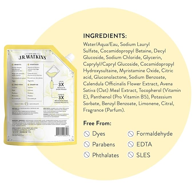J.R. Watkins Gel Hand Soap Refill, Moisturizing Hand Wash, Formulated with Plant-Based Cleansers, Alcohol-Free, Cruelty-Free, Lemon, 34 Fl Oz, 2 Pack
