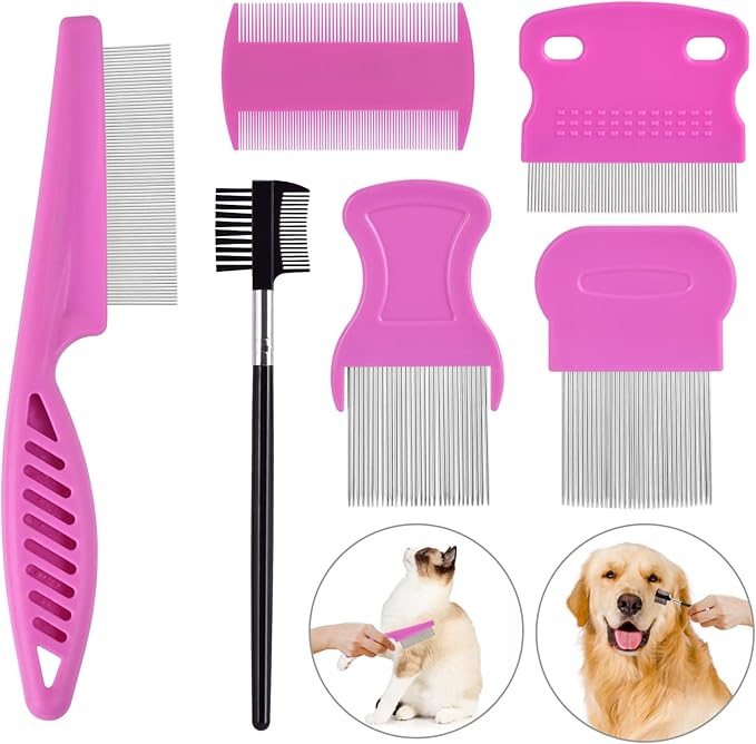 6 Pack Flea Comb for Cats Dogs,Stainless Steel Dog Cat Grooming Combs With Rounded Teeth,Double-Sided Tear Stain Remover,Dematting Comb For Dogs Cats Ideal for Small, Medium & Large Pets (Pink)