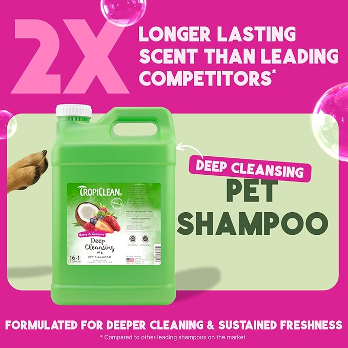 TropiClean Deodorizing Dog Shampoo for Smelly Pets, Professional Dog Shampoo, Long Lasting Odor Control, Puppy Safe, USA Made, Berry Scent, 2.5 Gal