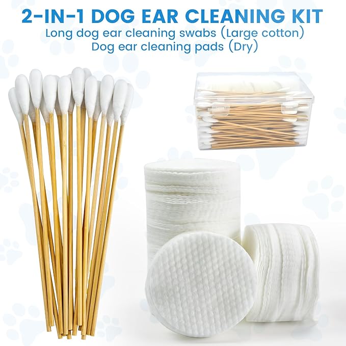 450PCS Dog Ear Cleaning Kit in Storage Box - 6" Long Cotton Swabs for Dogs with Dry Cleaning Pads - Large Cotton Head, Lint-Free, Highly Absorbent, Specially Designed for Use with Dog Ear Cleaner