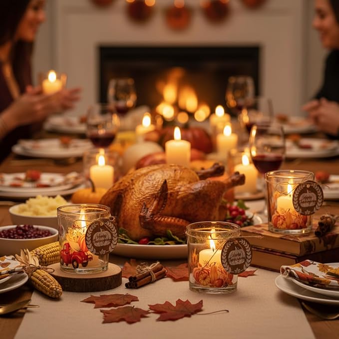 12 Pack Thanksgiving Pumpkins Clear Candle Jars for Making Candles 7 oz Empty Glass Jars with Wood Lids and Blessing Card Harvest Candle Containers for DIY Gifts Home Tea Party Holiday Decor