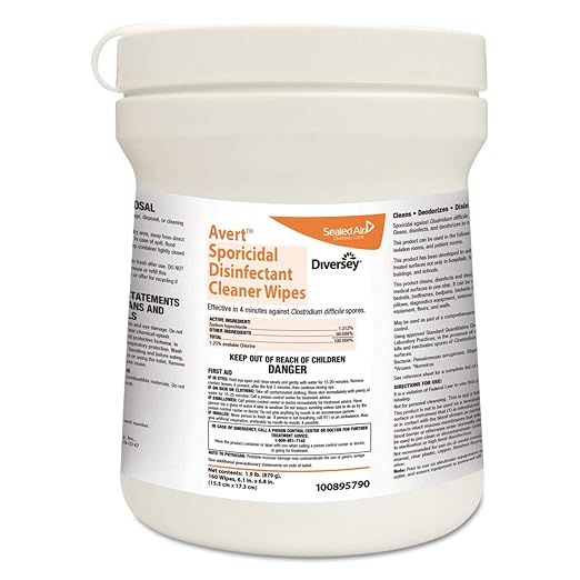 Diversey 100895790 Avert Sporicidal Disinfectant Cleaner, Hospital Grade Kills C. Difficile Spores, Standard Size Wipes, 160-Wipes, 1-Canister (Pack of 12)