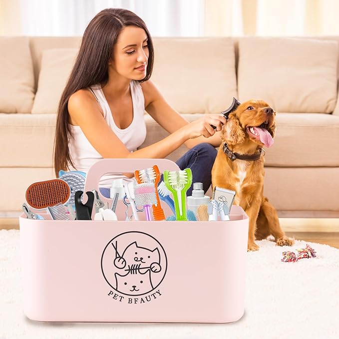 5-Compartment Pink Dog Stuff Storage Caddy for Grooming Supplies, Portable Organizer with Handle