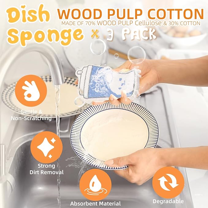 3 Pcs Compressed Wood Pulp Cotton Sponges with Hanging String, Bulk Cleaning Sponges for Dishes Kitchen Bathroom, Non-Scratch Durable and Absorbent Design, Cute Drink-Shaped