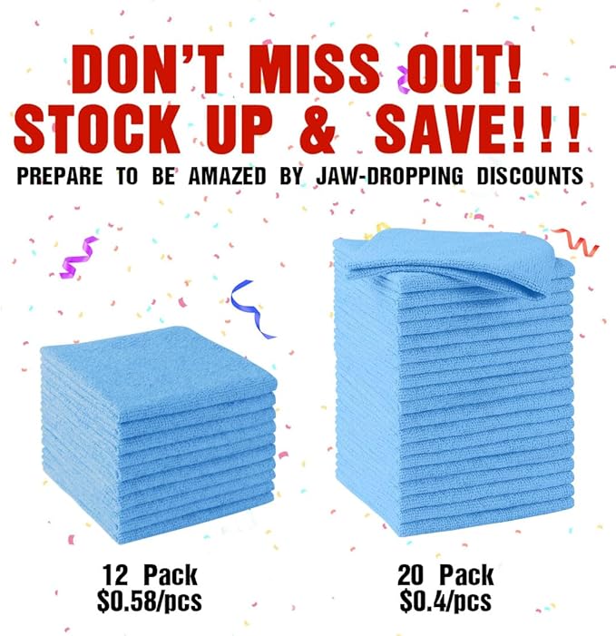 HOMEXCEL Blue Microfiber Cleaning Cloths 20 Pack, Highly Absorbent, Lint & Scratch-Free Cleaning Rags for House Kitchen, Microfiber Towels for Car 11.5 x 11.5 inch