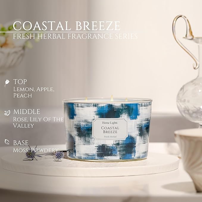 HomeLights Large jar Candle | 4-Wick Long-Lasting Scented Candles, 18oz Natural Soy Wax Candle for Home Scented, Scandinavian Minimalist Design Gifts for Women & Men, Coastal Breeze
