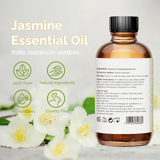 Jasmine Essential Oil 4 Oz, 100% Pure Jasmine Oil for Diffuser, Skin, Hair, Body & Face, Perfume, Floral Scent for Relaxation, Aromatherapy & Massage
