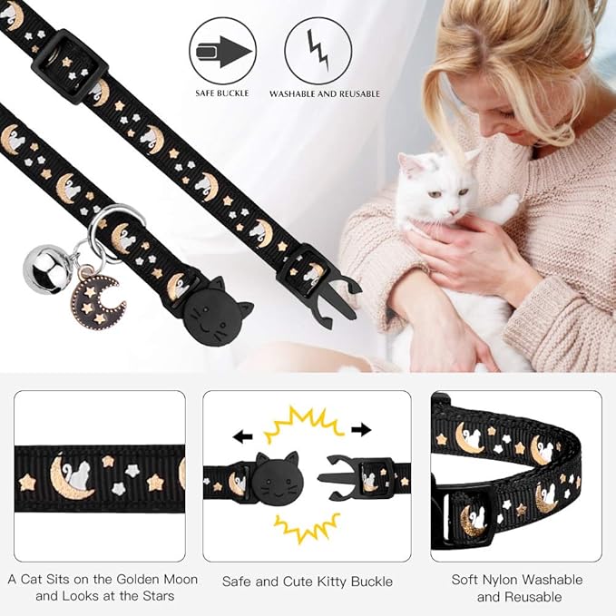 2Pcs Breakaway Cats Collars Cat Collars for Boy & Girl Cats Adjustable Kitten Collars with Bell,Black+Blue,8"-13.1"