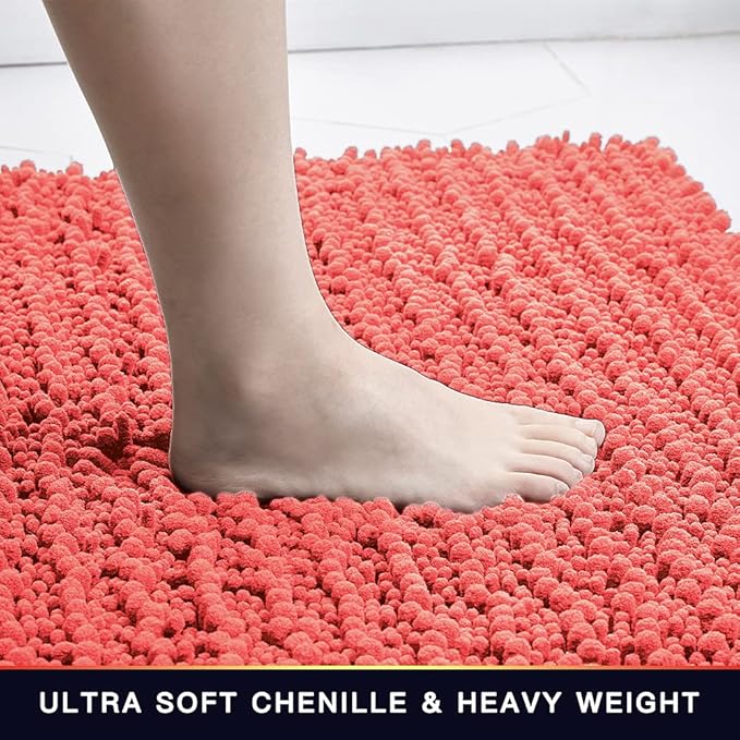 Walensee Bathroom Contour Rug Non Slip Toilet U Shaped Bath Mat (20x24, Coral) Water Absorbent Super Soft Shaggy Chenille Machine Washable Dry Extra Thick Perfect Absorbant Best Plush Carpet