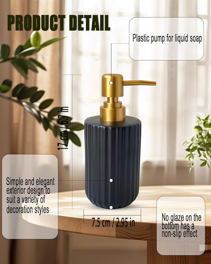 Ceramic Hand Soap Dispenser with Plastic Pump, Simple Style Gold and Black Cylindrical Dispenser