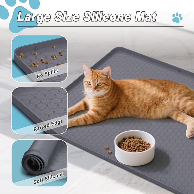 Cat Litter Mat 34" X 22", Cat Litter Box Mats Waterproof Silicone Pad for Floor Pee Pad Tray Holder with Complimentary 6 Clamps