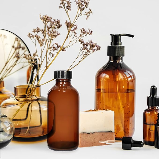 15 Pack Glass Amber Boston Bottles with Black Poly Cone Cap, 4 oz Round Glass Bottle for Essential Oil, Perfume and Liquid, Contains 24 Colored Labels, 2 Funnels, 1 Brush