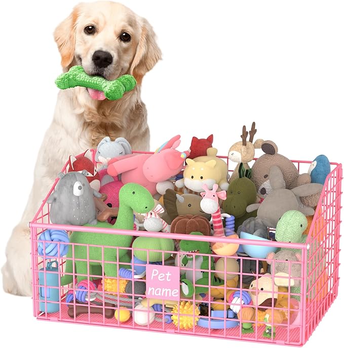 Indestructible Dog Toy basket, Large Toy Bin for Dogs,Pet Toy Bin Dog Metal Basket Organizer Storage for Toys Food Storage (Pink)