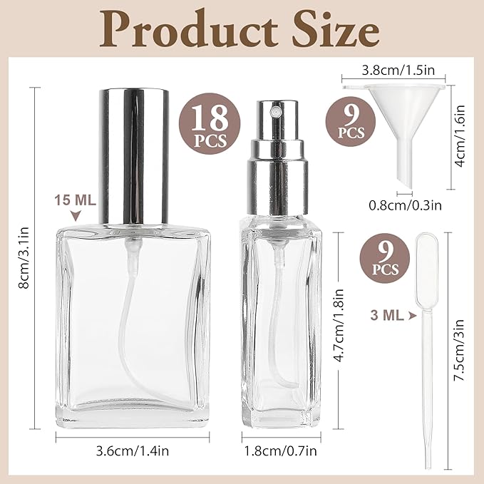 18Pcs Silver Perfume Spray Bottles 15ml Glass Perfume Atomizer Empty Fine Mist Atomizer Sprayer Portable Perfume Bottle with 9Droppers9Funnels Refillable Perfume Container for Travel Silver