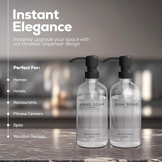 Clear Glass Hand and Dish Soap Dispenser Set by Brighter Barns - Kitchen Soap Dispenser Set & Pump - Glass Bottles for Kitchen Sink - Neutral Home Decor, Modern Farmhouse Bathroom Accessories (Clear)