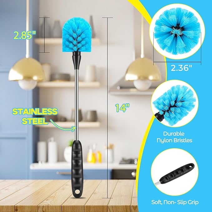 5 Pack Bottle Cleaning Brush Set, Stainless Steel Scrub Cleaner Brush with 15'' Long Handle and 3 Straw Brushes, Flexible for Cleaning Sport Water Bottles, Straws, Coffee Mug, Cups, Baby Bottle