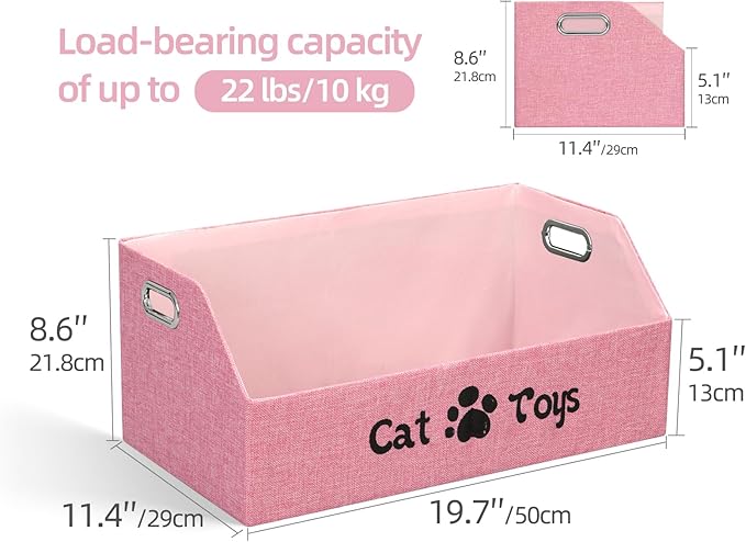 Cat Toy Basket, Kitten Toys Storage Organizer Foldable Fabric Bin Pet Supplies Chest Holder Trapezoid Container with Metal Handles for Organizing Cats Clothes Accessories, Pink