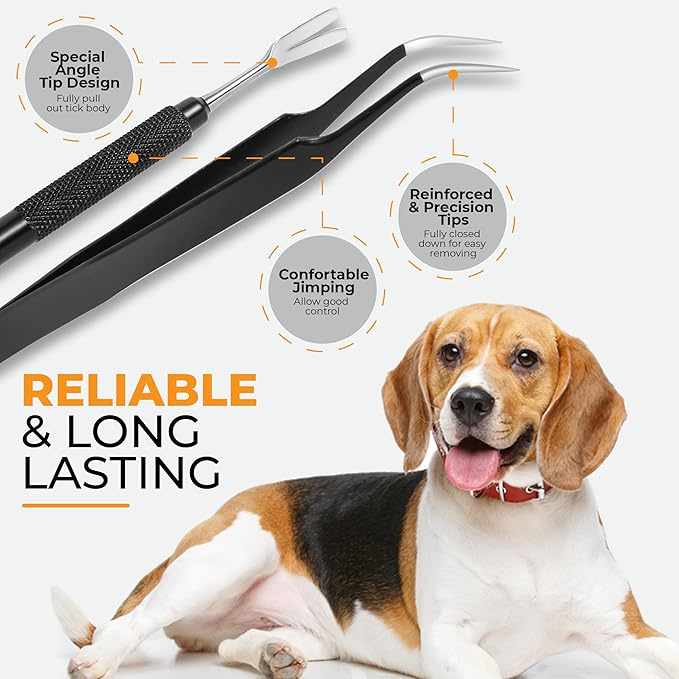 Premium Tick Removal Tool, Perfect Tick Remover for Dogs Cats &Humans, Safe Tick Control Puller, with Precision Fine Point Tip Curved Tweezers Set, Meet Various Needs, Stainless Steel- 2 Sets