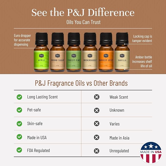 P&J Fragrance Oil Autumn Set | Brown Sugar, Apple, Harvest Spice, Vanilla, Forest Pine, and Snickerdoodle Candle Scents for Candle Making, Freshie, Soap Making Supplies, Diffuser Oil Scents