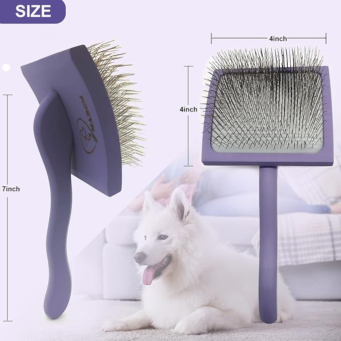 Slicker Ergonomic Wooden-Handle Long-Pin Brush for Poodles, Goldendoodles & Other Long-Haired Dogs (purple)