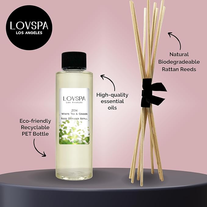 LOVSPA Zen White Tea & Ginger Diffuser Oil - Luxury Essential Oils for Diffuser Refill & Air Freshener Room Spray - Long-Lasting & Natural Home Fragrance, Scented Oil for Diffusers, USA Made, 4oz