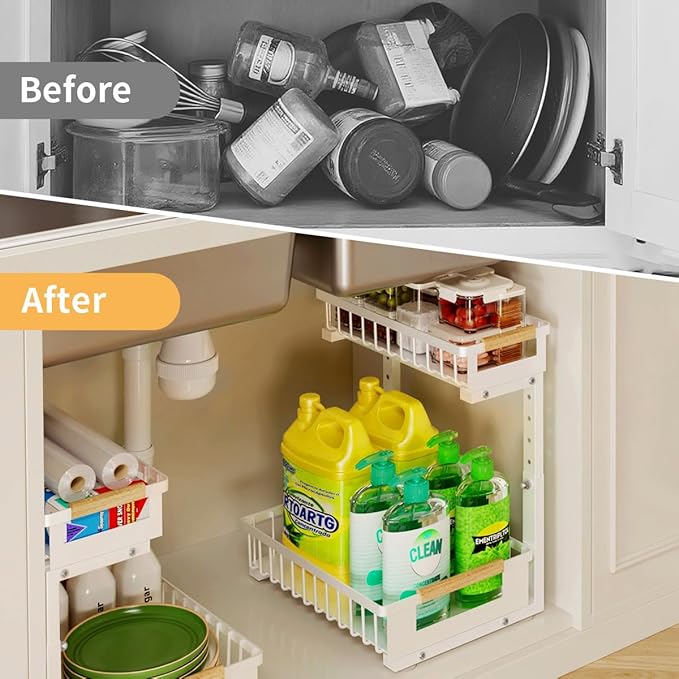 Under the Sink Organizer Kitchen, 2 Tier Large Pull Out Under Sink Organizer with Adjustable Height, Metal Under Cabinet Organizer and Storage for Counter Bathroom Vanity Laundry, White 2 Packs