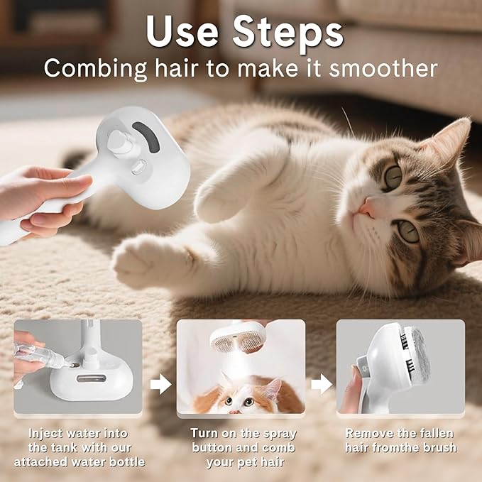 Pet Steam Brush for Dogs & Cats - 2-in-1 Deshedding & Detangling Tool with Steam Spray, Anti-Static Grooming Brush for Long/Short Haired Pets, Waterless Cleaning & Massage(White)