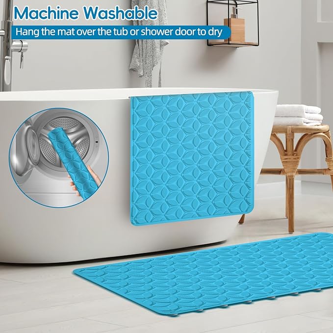 WRISIN Bathtub Mat Non Slip with Suction Cups - 100% Rubber Bathroom Mat Textured for Bath Tub Shower Safety - Soft on Touch - BPA/PVC Free - Pet Dog Bath Mat - Machine Washable - 16 × 28 Inch（R Blue）