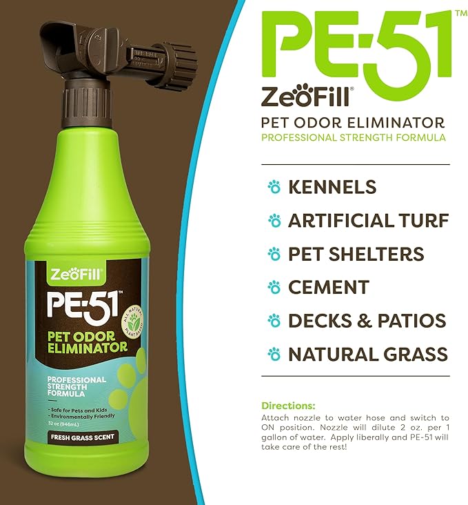 Zeofill PE-51 Pet Odor Eliminator – Urine Odor Neutralizer with Max Flow Garden Hose Spray Nozzle | Pet, Turf & Yard Smell Remover | Cat & Dog Pee Deodorizer Spray | All Natural Enzymes | 32oz Bottle