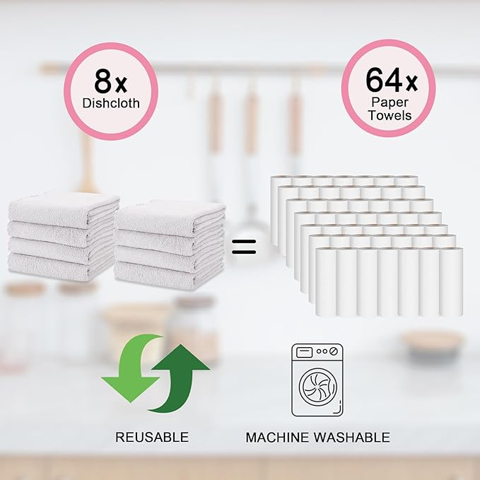 kimteny Kitchen Cloth Dish Towels, 13x28 Inches Premium Dishcloths, Super Absorbent Coral Velvet Microfiber Cleaning Cloths, Fast Drying Rags for Washing Dishes (13x28-8 Pack, White)