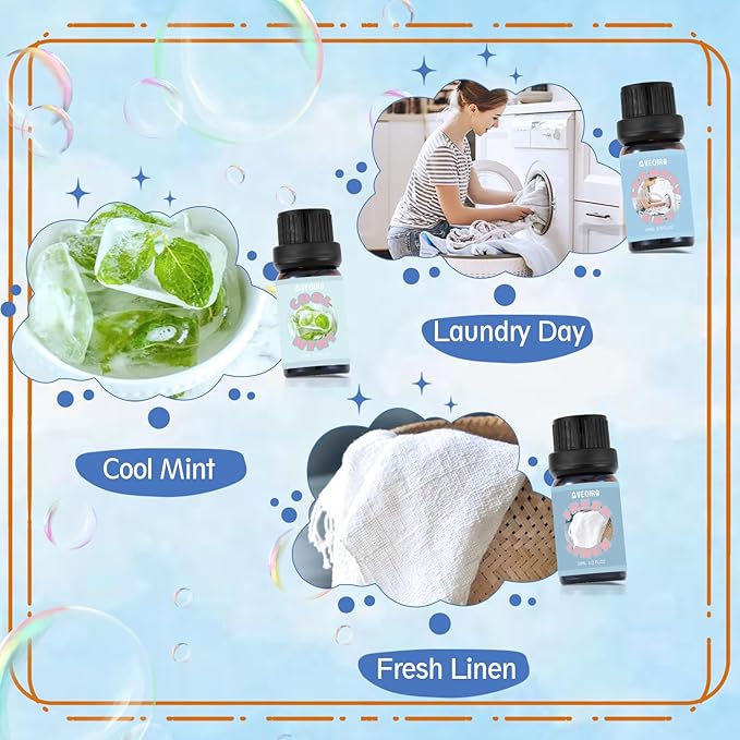 Clean Fragrance Oils Set, AVEOIRA Essential Oils Set for Diffuser, Candle, Soap Making Scented Oils, Fresh Linen, Cool Mint, Soap Bubble, Laundry Day, Soft Powder, Fresh Cotton, 6x10ml