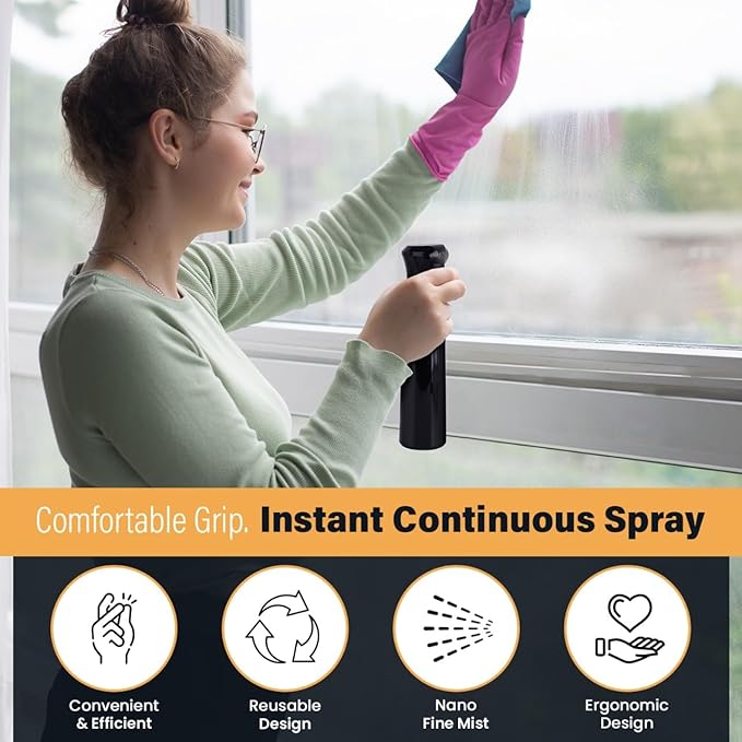 VIGOR PATH Continuous Spray Bottle for Hair – Fine Mist Mister for Hairstyling, Cleaning, Plants, Pets, Barbers, Salons, and Essential Oil Applications (300ml/10.1 oz) Black