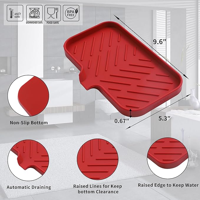Silicone Bathroom Soap Dishes with Drain Spout-Bathroom and Kitchen Sink Organizer,Sponge Holder,Dish Soap Tray,Perfect for Dispenser,Scrubber,Bottle,Cup on Sink or Counter-Red 9.6"×5.3"