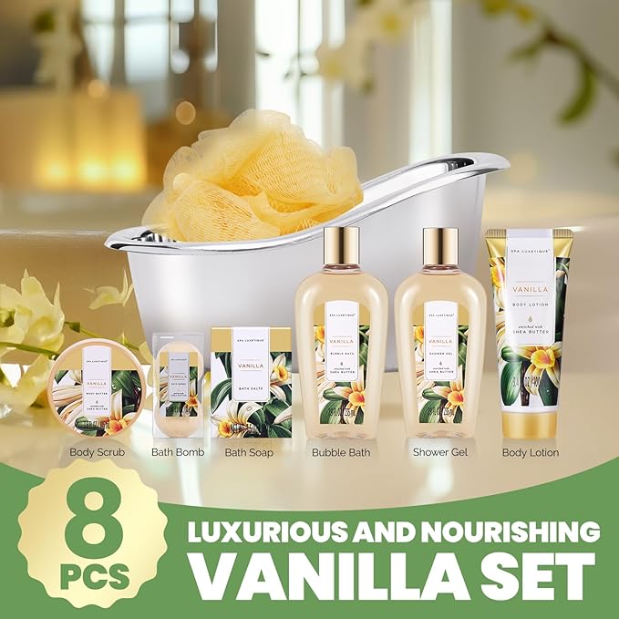 Gifts for Women, Spa Luxetique Spa Gift Baskets for Women, 8 Pcs Vanilla Bath Gift Sets, Vanilla Gift Baskets, Christmas Gifts