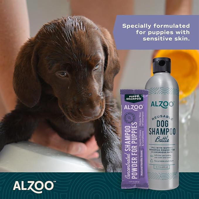 ALZOO Concentrated Puppy Shampoo Powder, Gently Cleans & Conditions, 100% Plant-Based Active Ingredients, Natural Vanilla Scent, Pack of 2