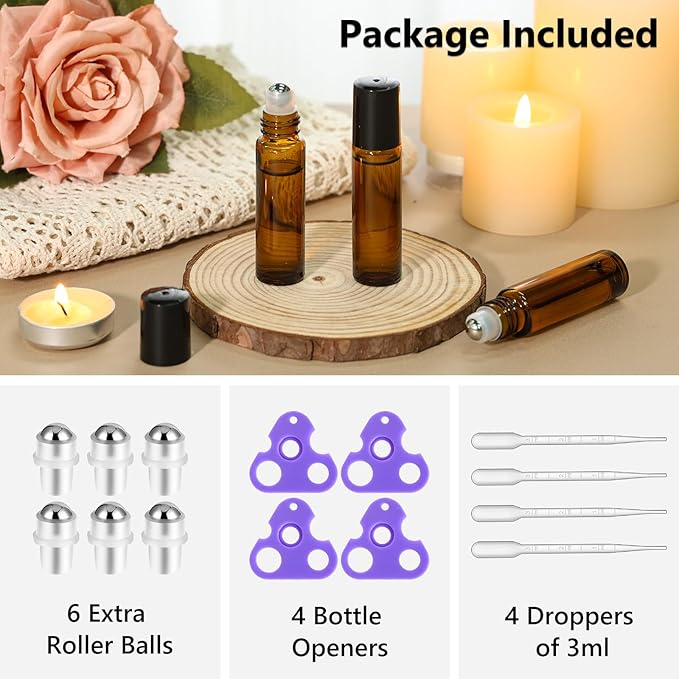 KEYWING 10ml Amber Roller Rottles for Essential Oils - 24PCS Glass Roll on Bottles with Black Caps & Stainless Steel Roller Balls, Empty Perfume Refillable Bottle for Travel