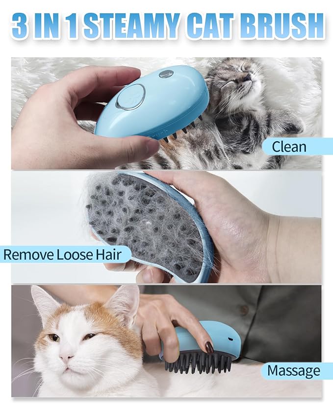 Cat Steam Brush for Shedding - 3 in 1 Steamy Cat Brushes for Grooming and Massage - Whales Shaped Cats Brush with Steam for Dogs, Removing Tangled and Loose Hair (Blue)