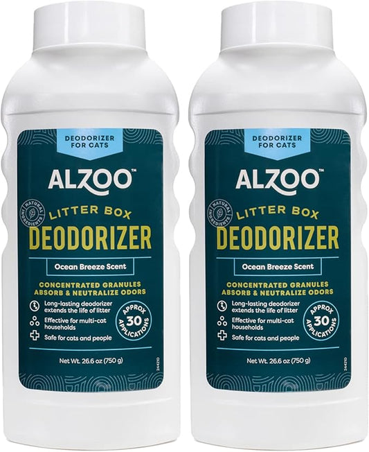 ALZOO Cat Litter Deodorizer, Concentrated Granules Absorb & Help Neutralize Odors, Mineral-Based Active Ingredients, Up To 30 Uses, Ocean Breeze Scent, 26.6 Oz., Pack of 2
