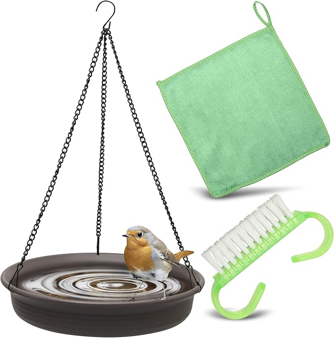 Magerdy Fields 12 Inch Hanging Bird Bath for Outside - 3 Chains with an S Hook - Microfiber Cleaning Cloth and Brush - Hanging Bird Feeder, Plastic birdbaths Bowl for Outdoors, Backyard Birding