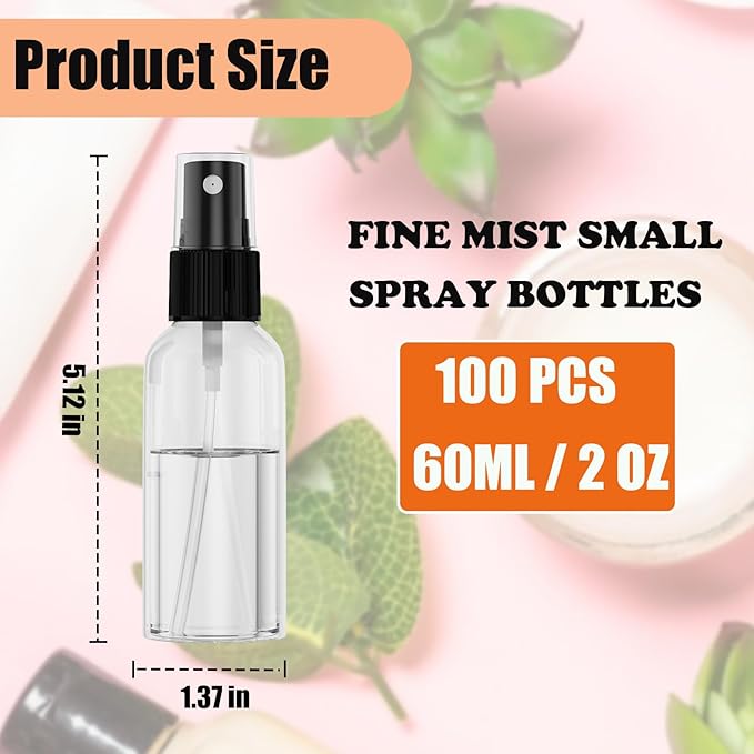 100Pack 2oz Spray Bottles Plastic, 60ml Small Spray Bottle Bulk Black Fine Mist Sprayer, Empty Refillable Containers Portable Cosmetic TravelSpray Bottles for Plants, Cleaning, Misting & Skin Care