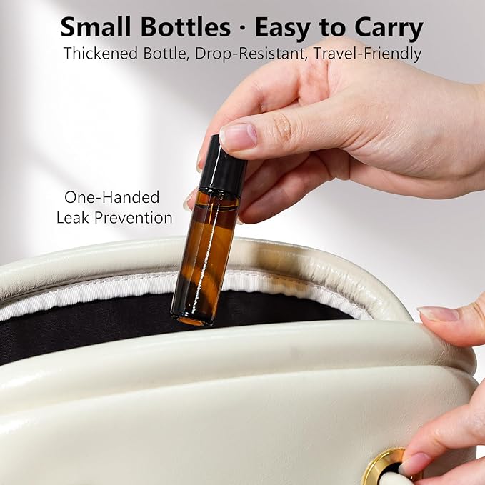 KEYWING 10ml Amber Roller Rottles for Essential Oils - 24PCS Glass Roll on Bottles with Black Caps & Stainless Steel Roller Balls, Empty Perfume Refillable Bottle for Travel