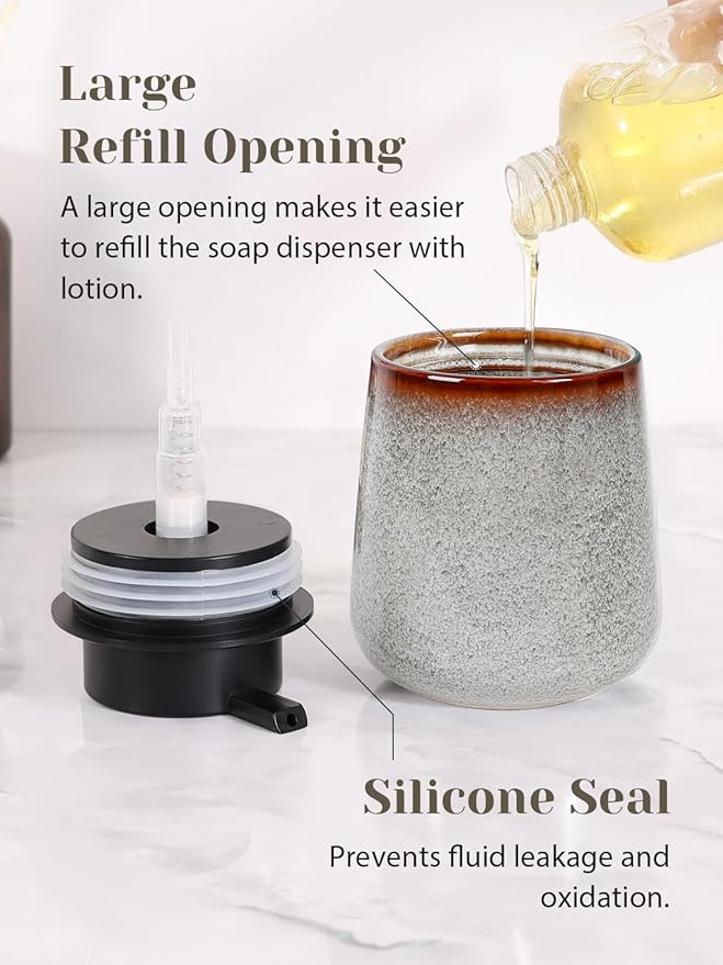 INGOFIN Ceramic Lotion Dispenser - 12 oz Refillable Hand Soap Dispenser Bathroom, Modern Liquid Dispenser with Pump, Dish Soap Dispenser for Kitchen, Kiln-Glazed