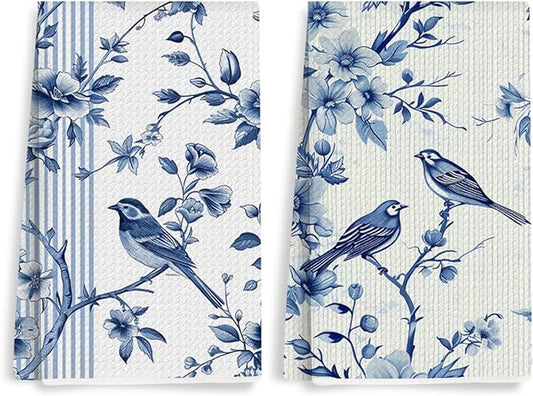 2 Pcs Artistic Bird Kitchen Towels, Floral Art Decorative Absorbent Microfiber Dish Cloth Tea Towel, Waffle Soft Hand Towels for Farmhouse Home Bathroom, Housewarming Gifts